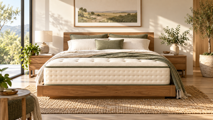 Natural bedroom with green accents for the Avocado Green Mattress showroom announcement