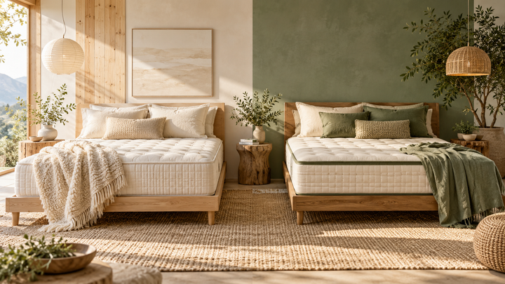 Birch versus Avocado natural mattress comparison in an eco-luxury bedroom