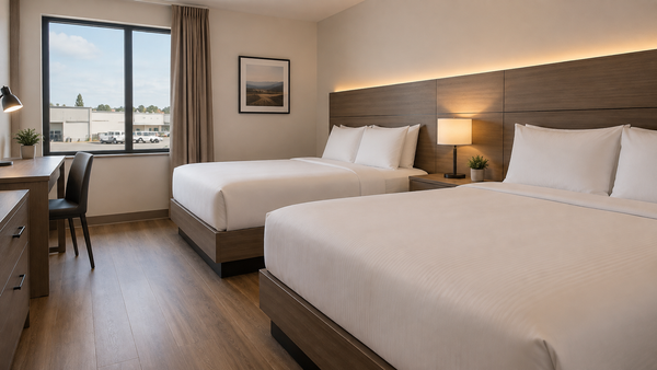 Commercial hospitality bedroom illustrating mattress specifications and procurement