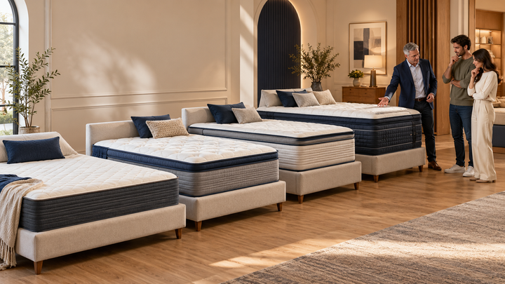 Four premium mattress tiers displayed in a refined mattress showroom