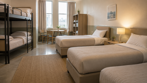 Student housing dorm room with multiple beds for university mattress programs