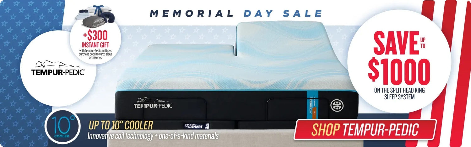Tempur-Pedic mattress advertisement with Memorial Day sale text and product image.