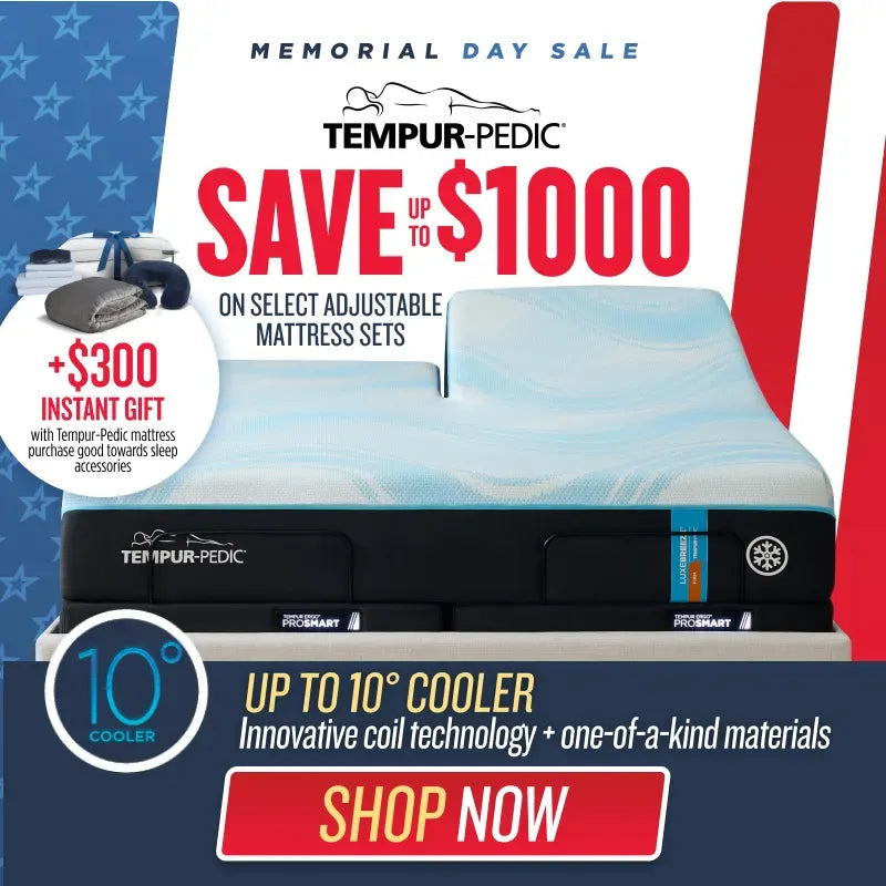 Tempur-Pedic mattress advertisement with promotional text and graphics on a blue and red background.